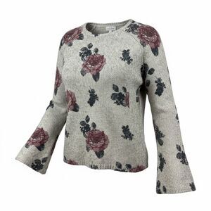 LUCKY BRAND Women’s Sweater L Gray Floral Knit Bell Sleeve Boho Cozy Cotton Wool